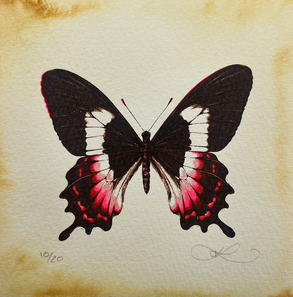 Fluminense Swallowtail - Hand Finished Screen Print features a detailed illustration of the butterfly with black upper wings, white markings, and red accents on its lower wings, set against a beige textured background.