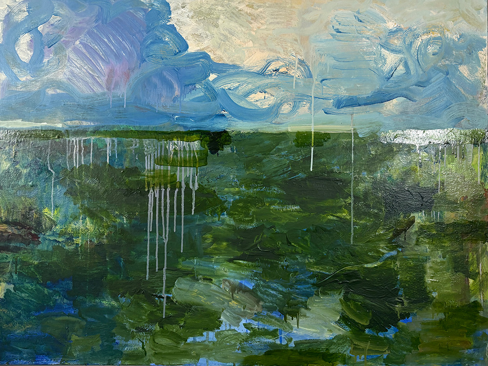 An abstract painting of a green landscape with heavy brushstrokes, blue and purple clouds, and white paint drips suggesting rain over the scene.