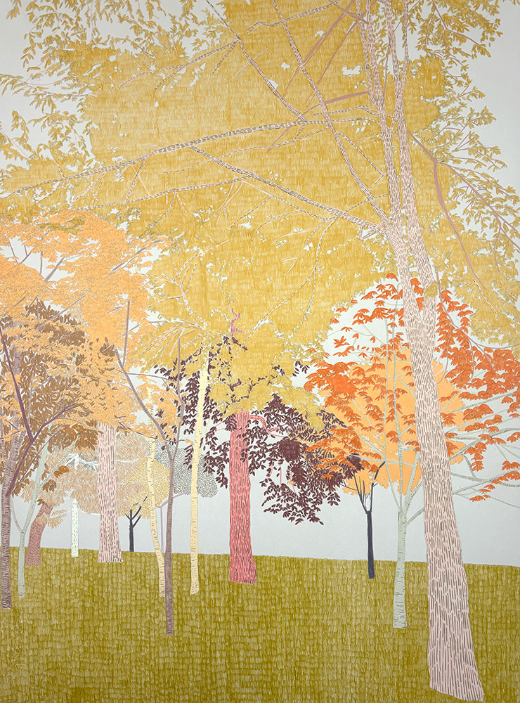 Delicate linear illustration of a tree grove with yellow, orange, and brown foliage on green grass, inspired by On My Way to Kyoto Garden, Holland Park Study 1 - Original Artwork.