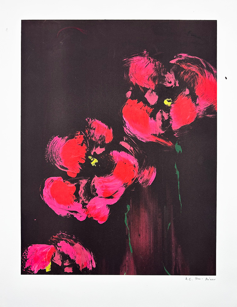Abstract painting of four red and pink flowers with green stems on a dark background, featuring bold brushstrokes and minimal detailing.