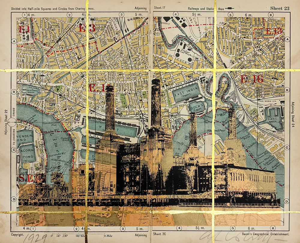A vintage map with a black and gold illustration of Battersea Power Station overlaid; yellow lines and red text mark sections on the map.