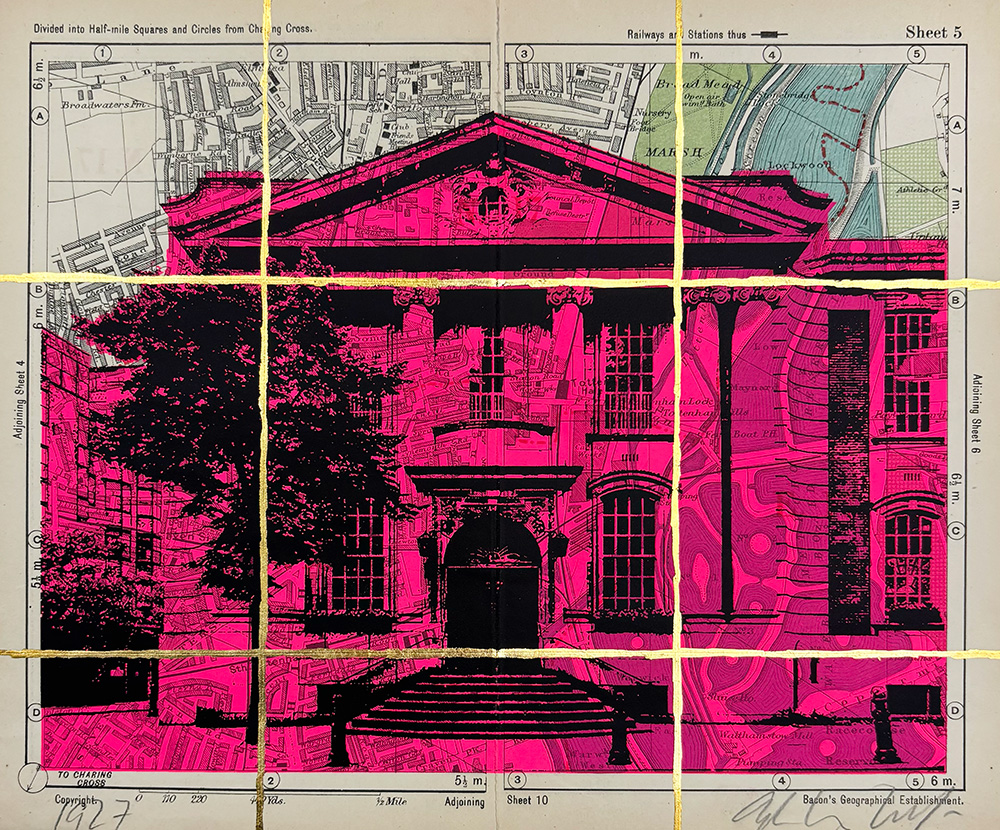 A bright pink architectural illustration of a classical building is overlaid on a vintage map, with bold yellow grid lines intersecting the image.