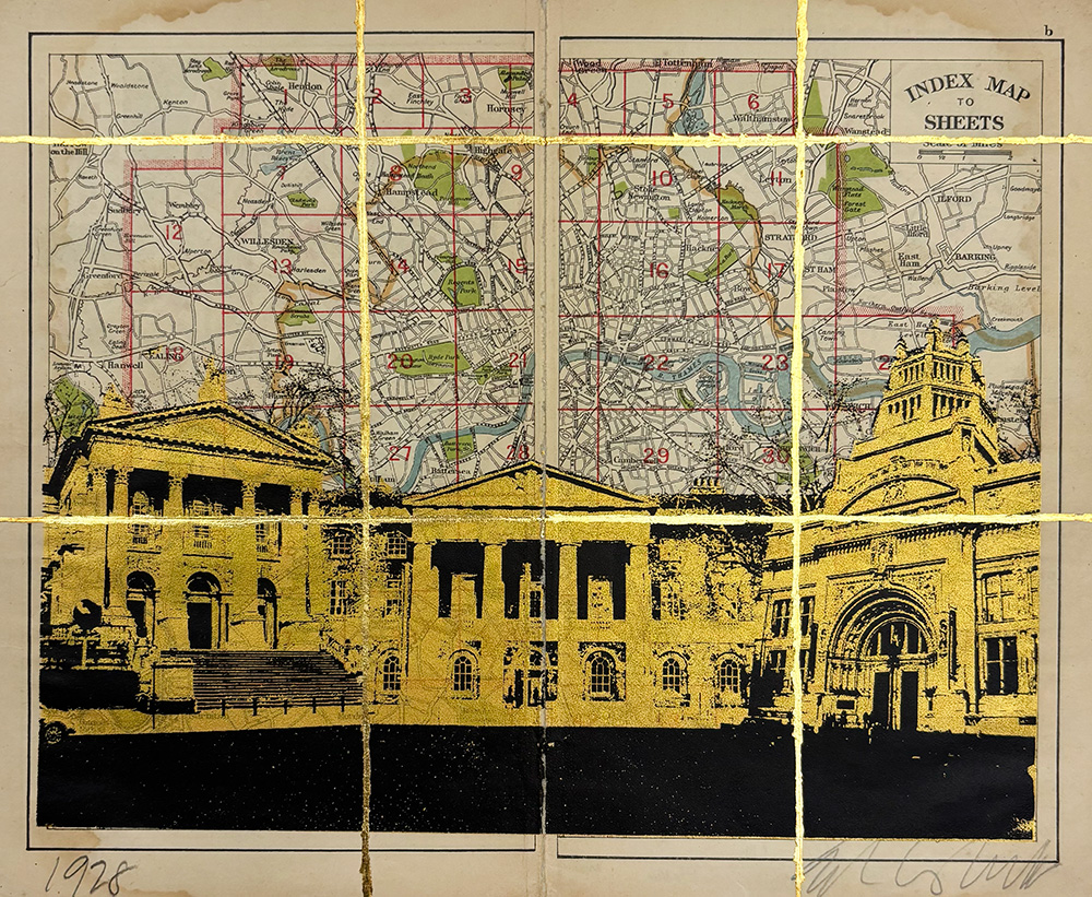 A vintage map with a gold grid overlay forms the background for black-and-yellow architectural illustrations of three classical buildings in the foreground.