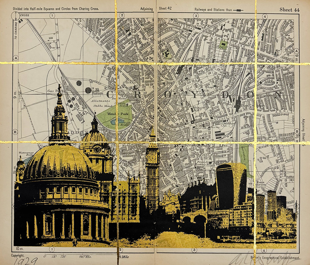 A black-and-white map of central London overlaid with gold illustrations of landmarks including St Paul's Cathedral, Big Ben, and the Walkie Talkie building, intersected by gold grid lines.