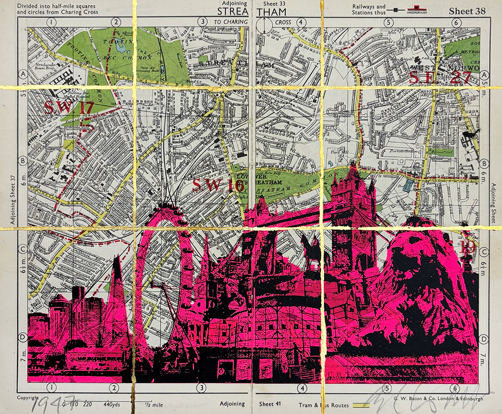 A vintage map of the Streatham area in London overlaid with bright pink graphic illustrations of local landmarks, including a lion statue and Big Ben, divided by a yellow grid.