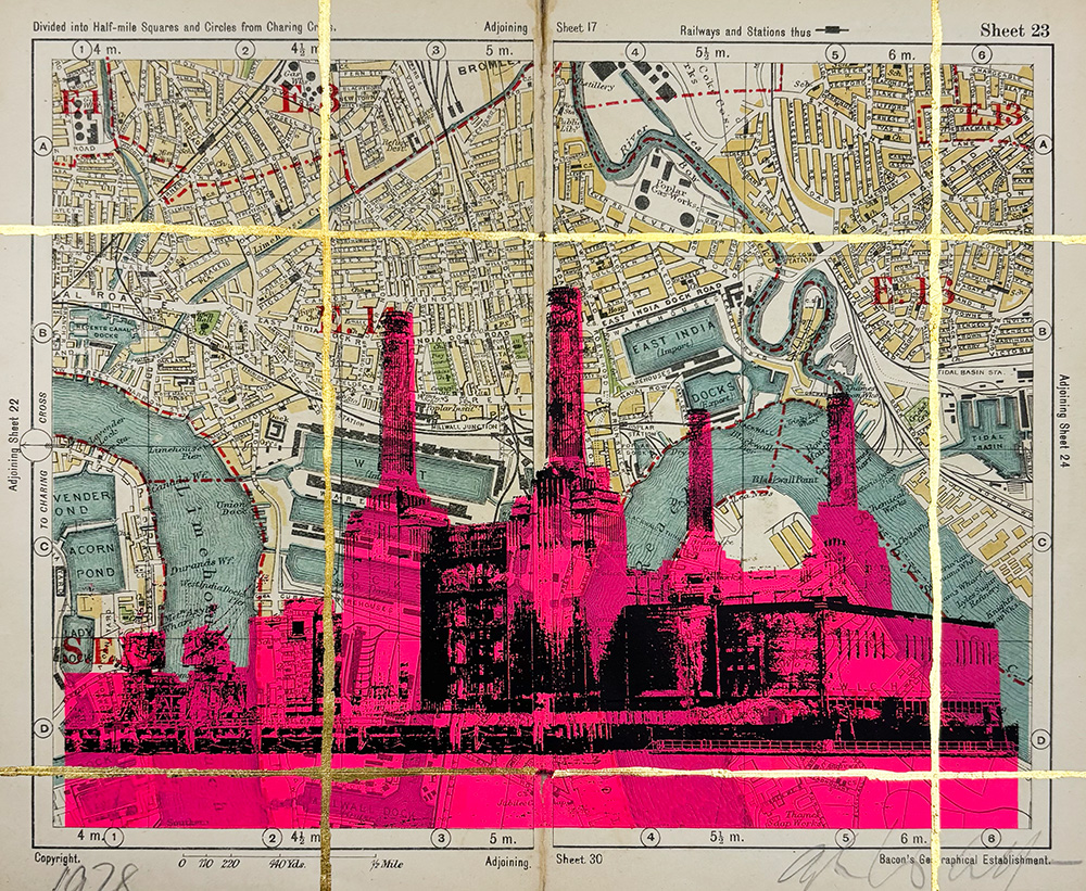 A vintage map of London overlaid with a large, bright pink silhouette of Battersea Power Station, intersected by yellow grid lines.