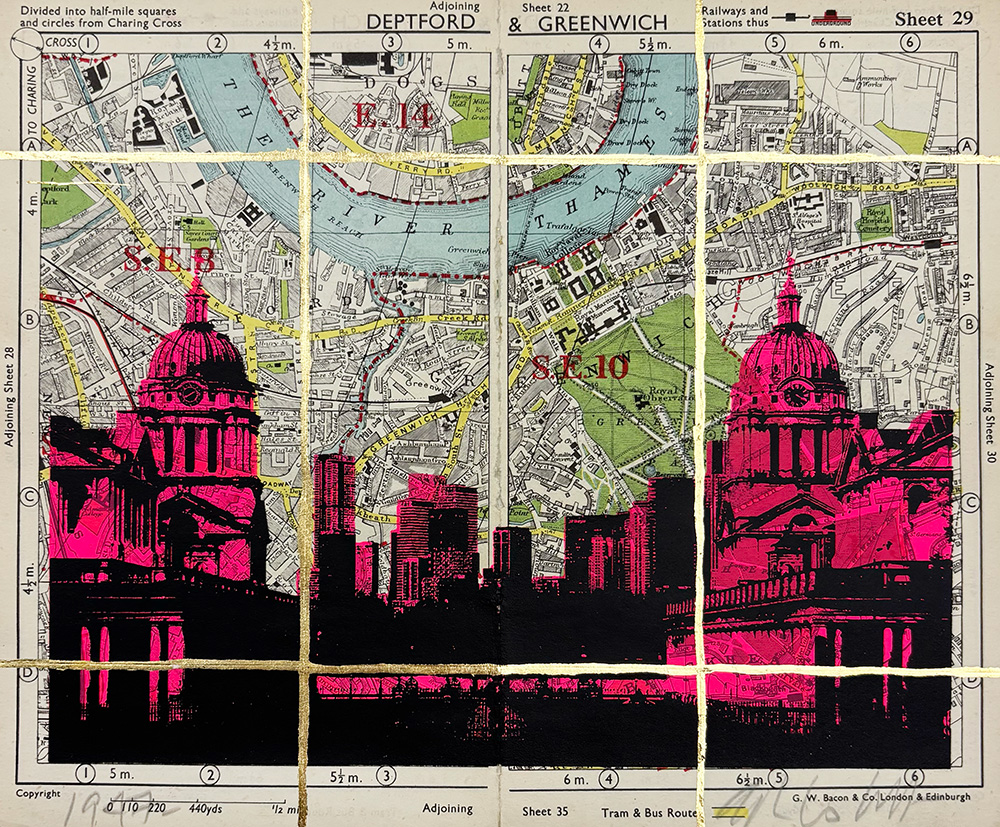 A vintage map of Deptford and Greenwich overlaid with pink and black silhouettes of domed buildings and a city skyline.