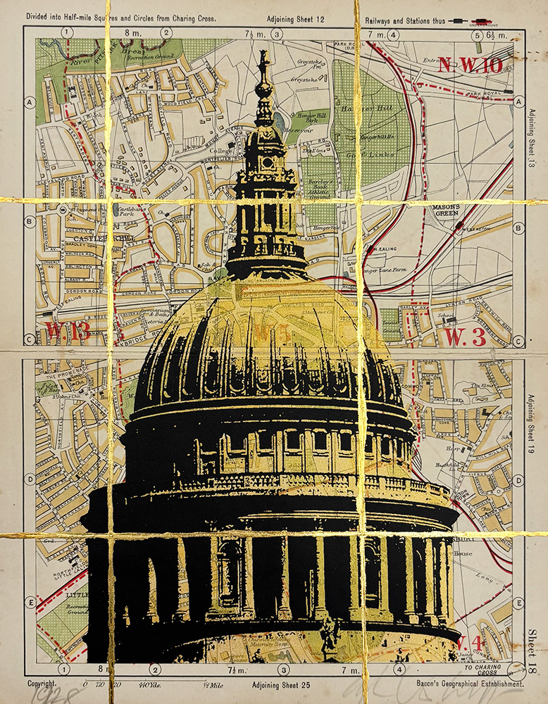 A gold and black illustration of St. Paul’s Cathedral is overlaid on a vintage map of London, intersected by gold lines.