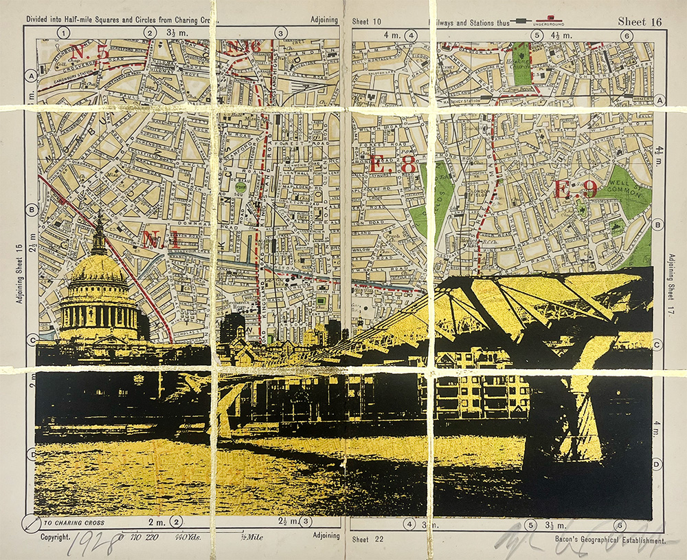A vintage map of central London is overlaid with a black-and-yellow graphic of St. Paul’s Cathedral and a nearby bridge in the foreground.