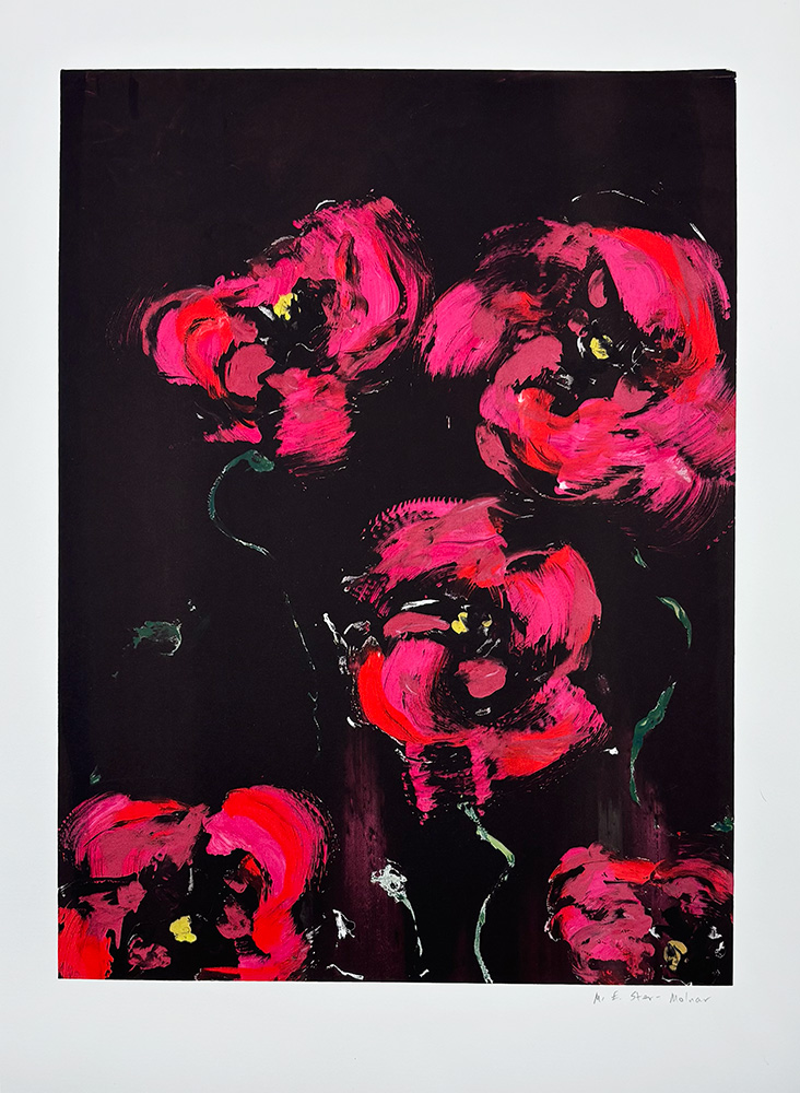 An abstract painting of vibrant red flowers with green stems and yellow centers on a dark background.