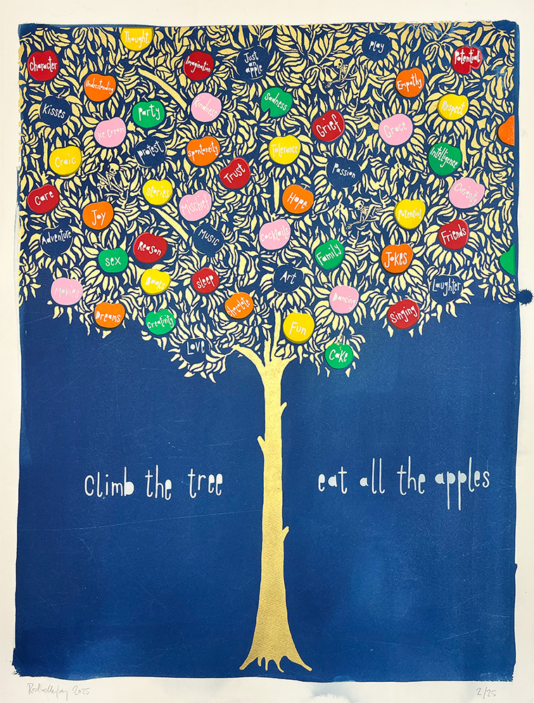 An illustrated tree with gold leaves and colorful apples labeled with positive words appears beneath the text, "climb the tree eat all the apples." Product: Eat All The Apples Cyanotype.