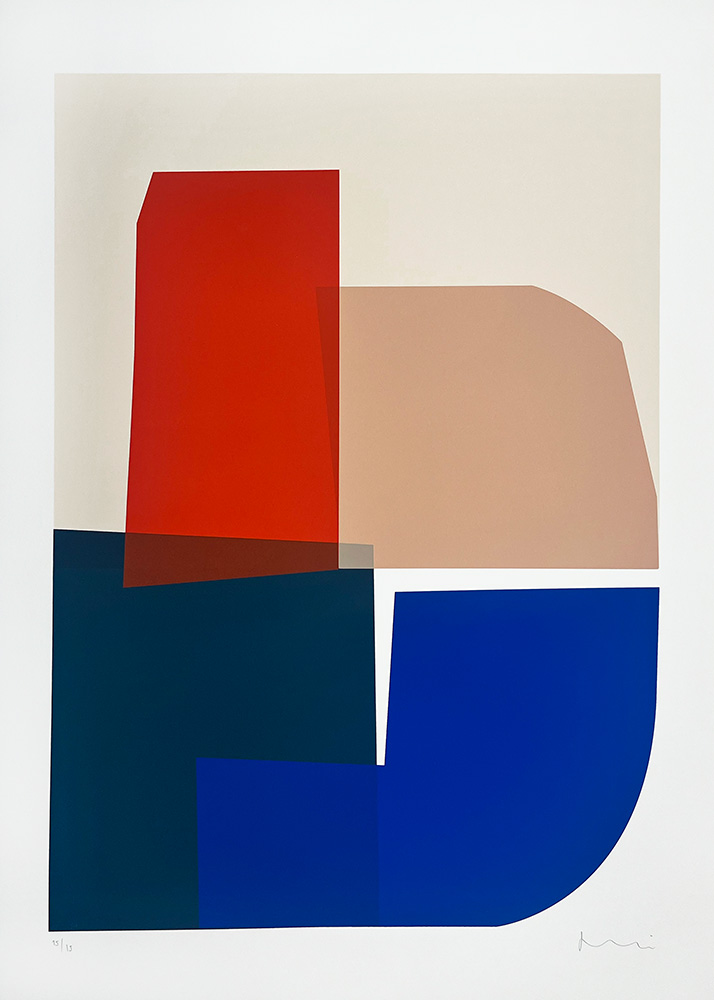 Abstract composition featuring overlapping geometric shapes in red, beige, dark blue, and bright blue on a white background.