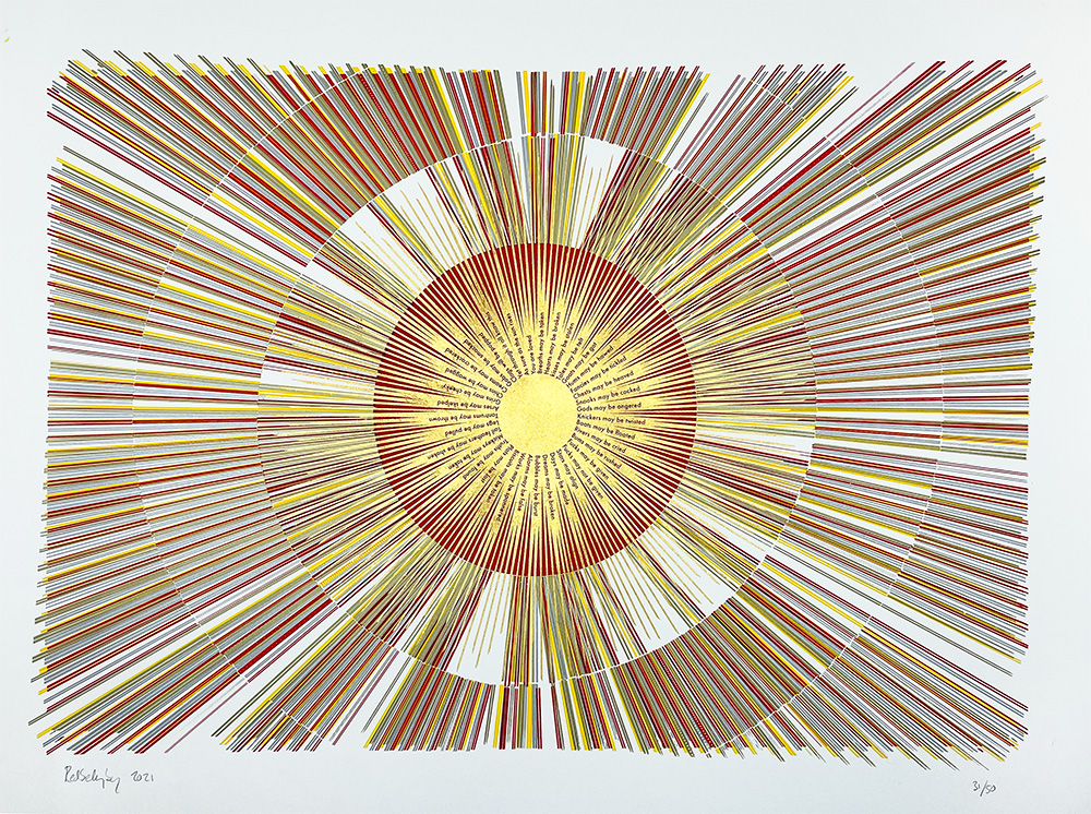 Geometric abstract artwork featuring concentric circles and radiating lines in red, yellow, and orange, creating a sunburst effect on a white background.