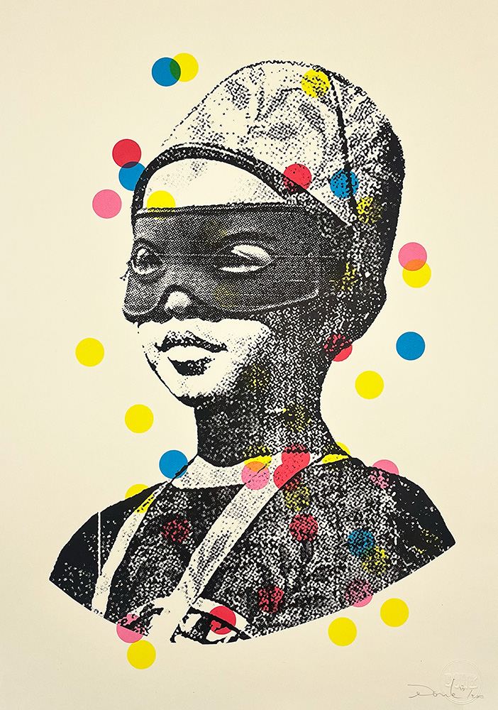 A black-and-white illustration of a child wearing a cap and a mask, overlaid with scattered, colorful dots on a plain background.
