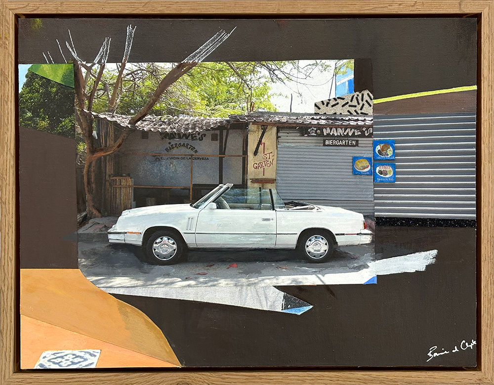 A white convertible is parked on the street before a closed food stand, with trees and signs behind—capturing the essence of "Drive by Here - Original Artwork.