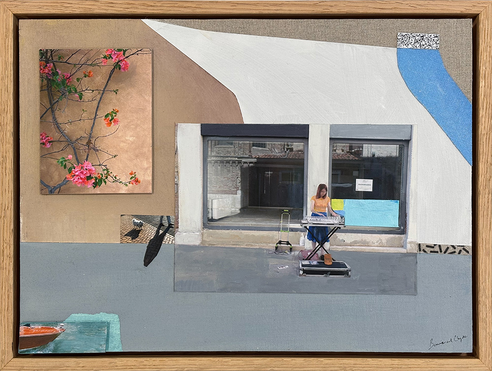 A woman plays a keyboard on a sidewalk in front of a building as pink flowers, a bird, and abstract shapes evoke shimmering glass sounds in "Glass Sounds - Original Artwork.