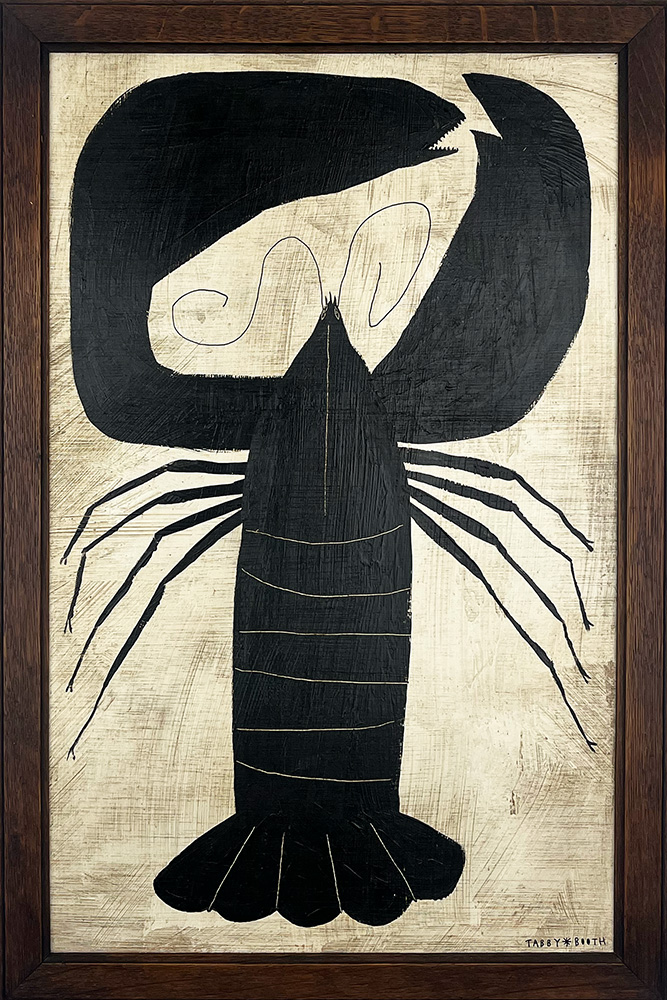 A framed piece titled "Lobster - Original Artwork" features a minimalist black shrimp or prawn on a textured beige background, signed "Tabby Booth"—perfect for fans of unique crustacean-themed art.
