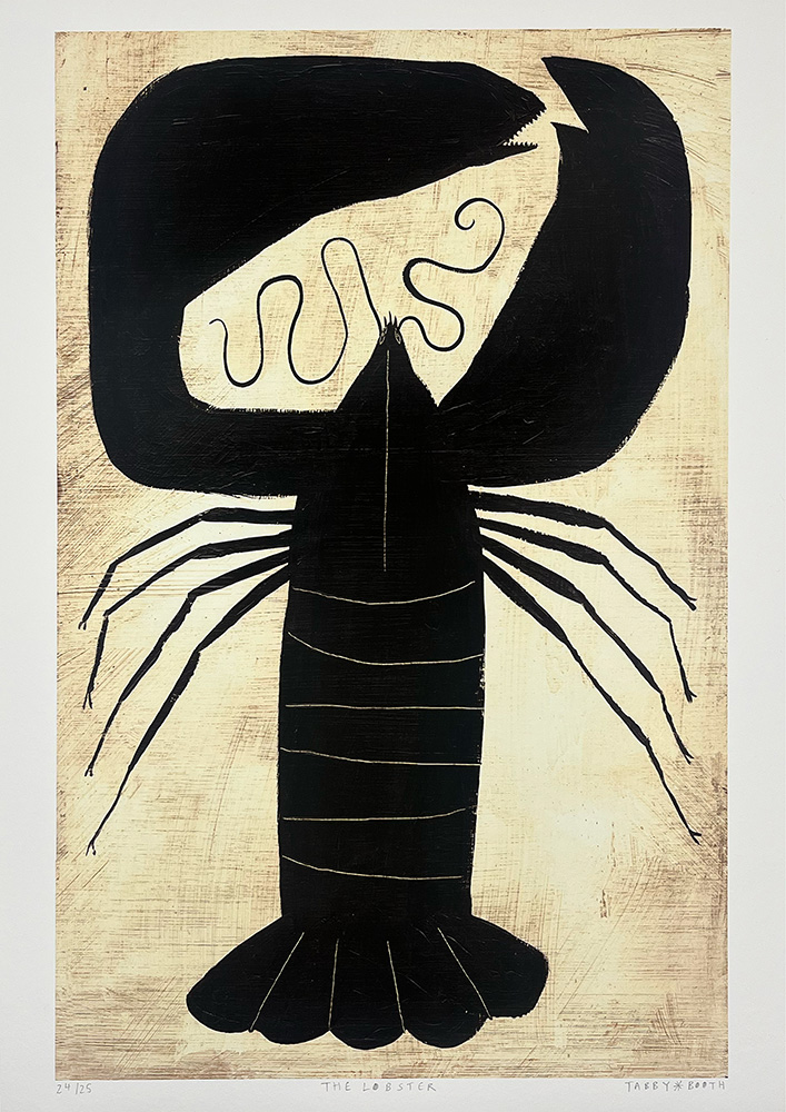 A stylized, abstract black lobster with curved lines on its body is depicted against a textured beige background.