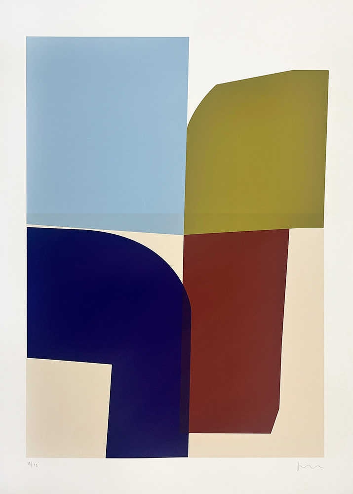 Abstract composition featuring overlapping geometric shapes in blue, olive green, burgundy, and beige tones on a white background.