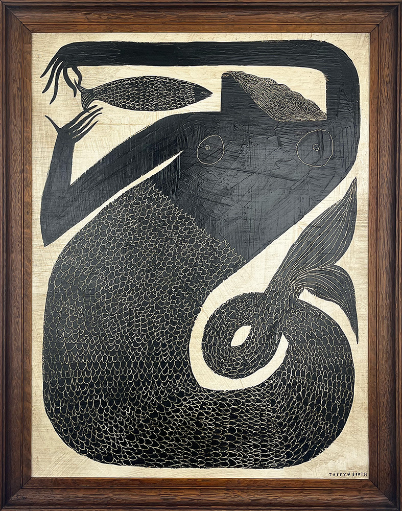 Mermaid - Original Artwork: Framed piece featuring a stylized mermaid holding a fish with textured, abstract patterns on a neutral background.