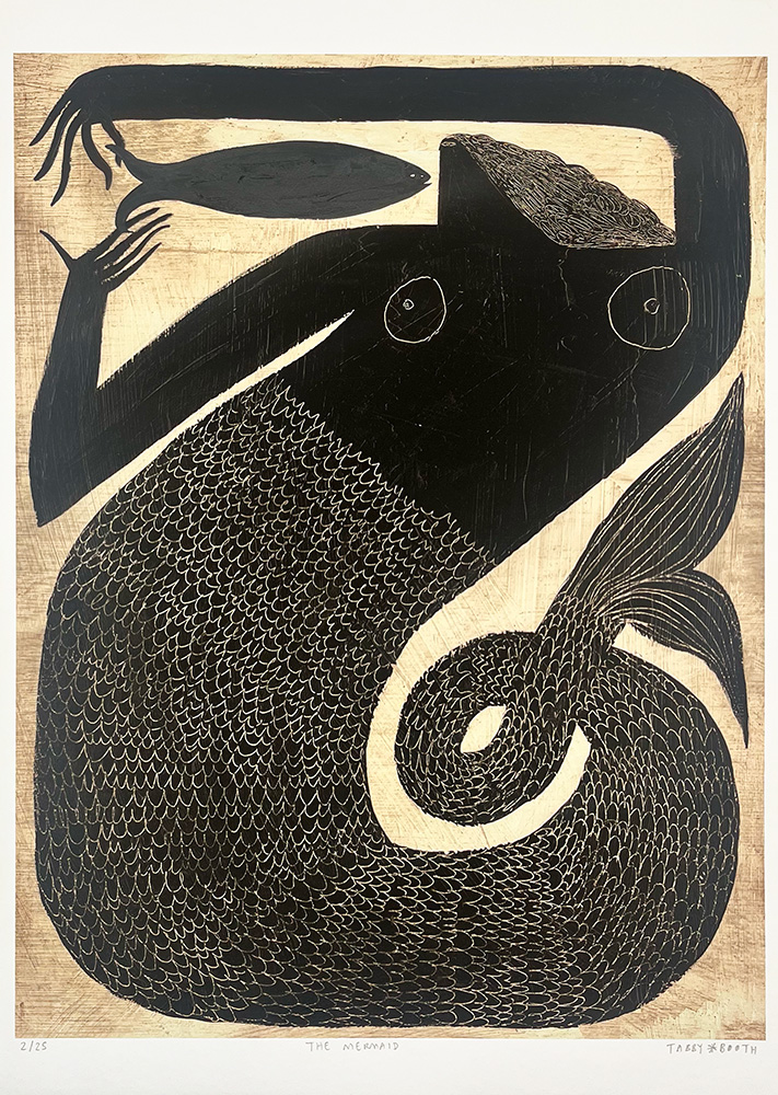 A stylized black mermaid with textured scales and circular eyes holds a fish near her face against a light background.