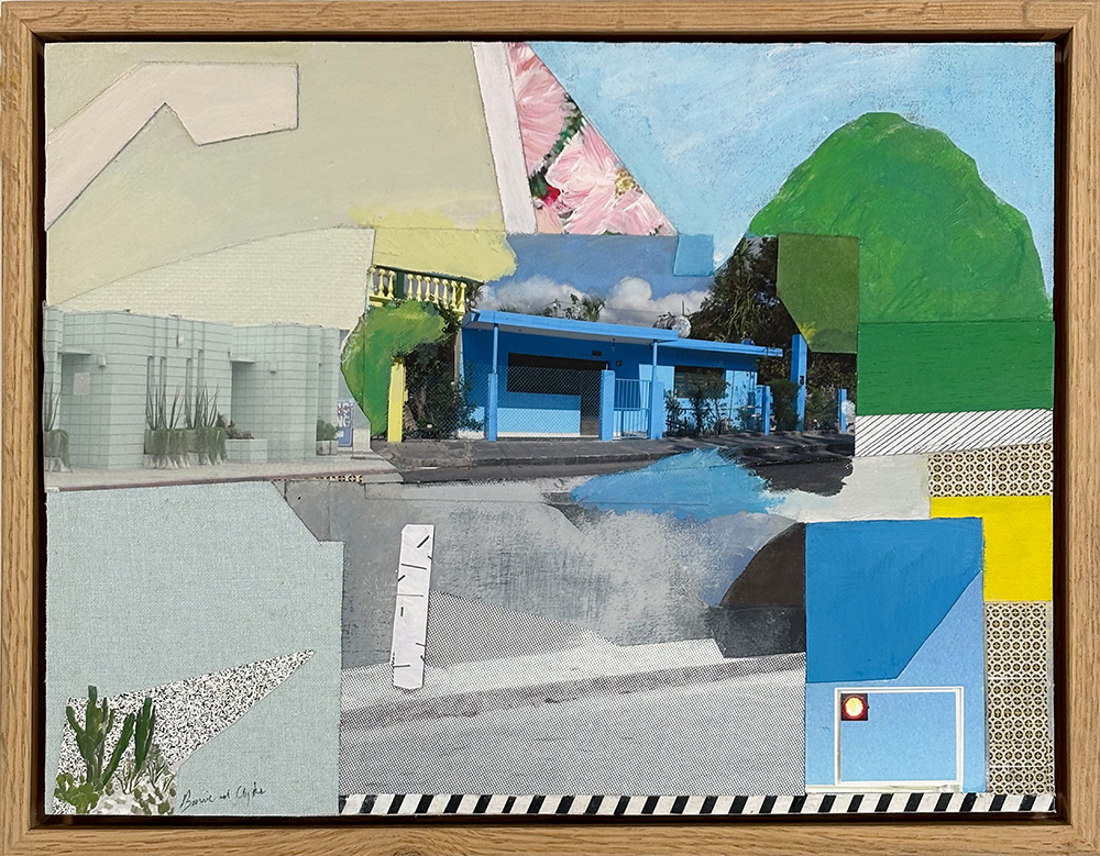 Retreat Here - Original Artwork is a framed collage featuring a modern blue building, geometric shapes, plants, and textured patterns—perfect for adding contemporary flair to your space.