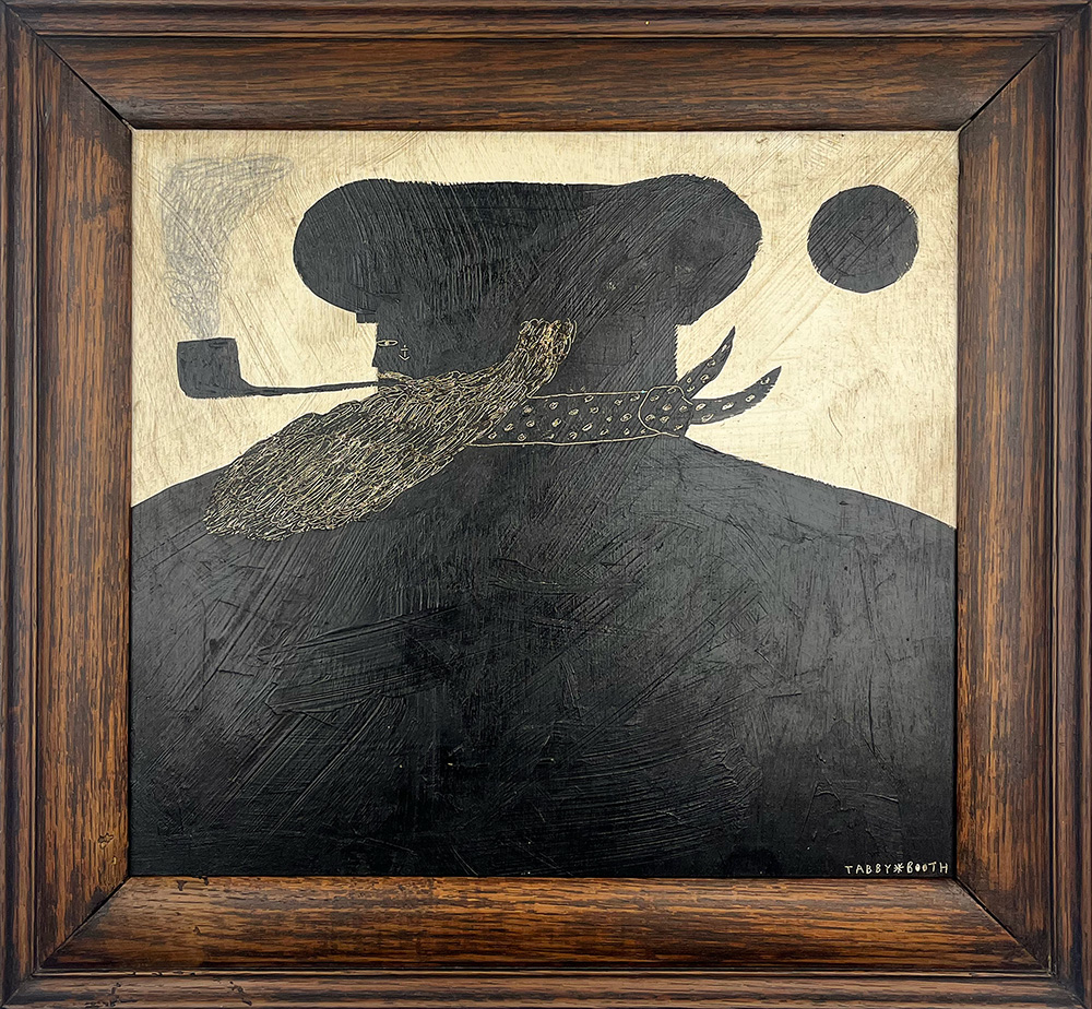 Lobster - Original Artwork: A stylized painting of a bearded man in profile wearing a hat and smoking a pipe, set against two background circles and elegantly framed in dark wood.