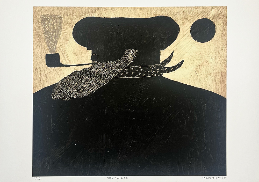 The "Lobster - Hand Finished Giclee Print (Copy)" features a stylized sailor in profile with a pipe, beard, scarf, and cap, plus a red lobster, all set on a textured tan background with a black circle.