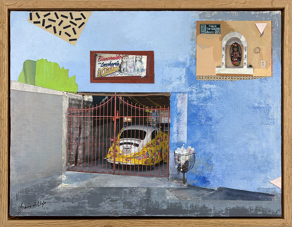 In a blue-walled garage, a yellow and white car sits behind a red metal gate amid signs and a religious icon, with "Sleeping Here - Original Artwork" proudly showcased above.