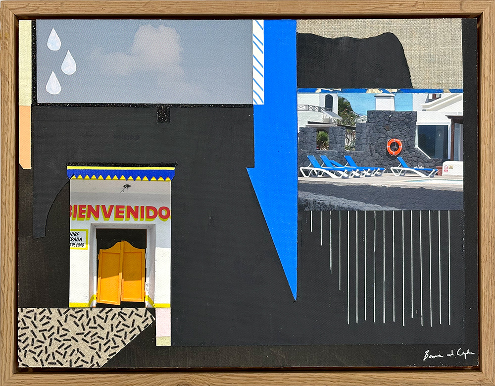Welcome Here - Original Artwork" is a mixed-media collage with a "Bienvenido" sign, poolside lounge chairs, geometric shapes, and raindrop icons on a black and neutral background, all framed in wood—a unique piece that warmly says welcome.