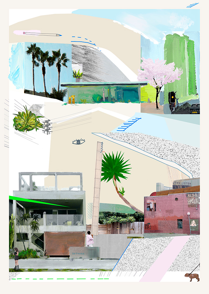 Born Free - Limited Edition Screen Print showcases a collage-style illustration of palm trees, buildings, greenery, street elements, and abstract shapes layered in an urban landscape.