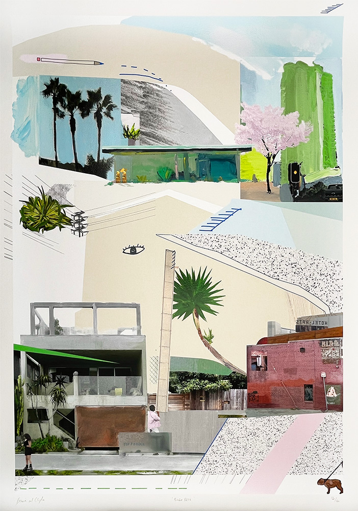 A collage featuring modern buildings, palm trees, a cherry blossom tree, a pencil, a person walking a dog, and abstract shapes on a white background.