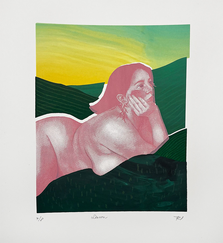 A pink-toned figure lies on their side in a grassy landscape with rolling hills and a yellow-green sky in the background.