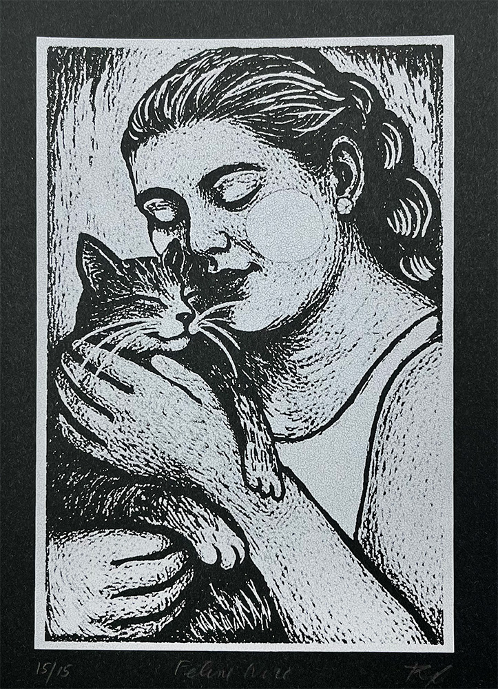 Black and white illustration of a woman holding a cat close to her face, with eyes closed, appearing calm and affectionate.