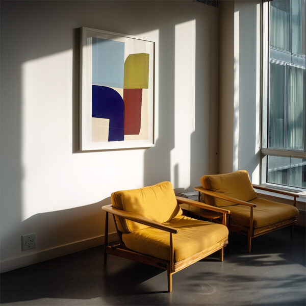 Two yellow armchairs sit by a sunlit window, beneath a modern abstract artwork on a white wall, in a minimalist room.