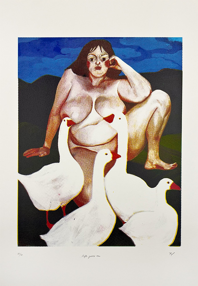 A nude woman sits on the ground with her head resting on her hand, surrounded by four white geese, with a dark landscape and blue sky in the background.