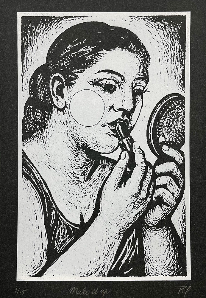 Black and white illustration of a woman applying lipstick while looking into a handheld mirror; she has a blank circle on her cheek.