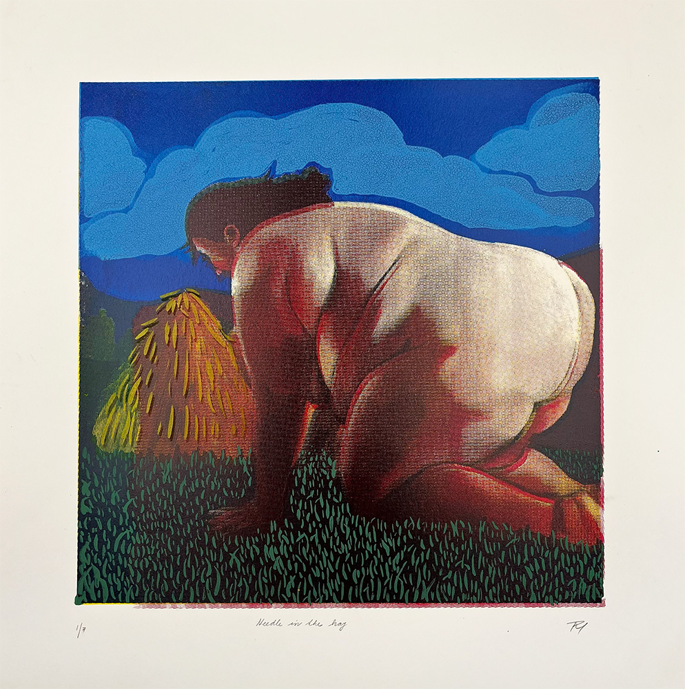 A stylized illustration of a nude person on hands and knees in a grassy field, with a haystack and blue clouds in the background.