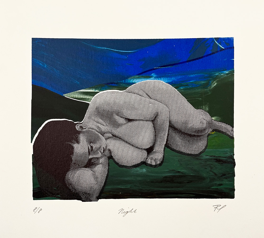 A grayscale nude figure is curled up on their side against an abstract blue and green painted background.