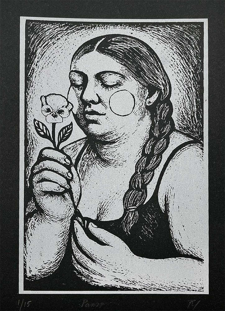 A black and white illustration of a woman with braided hair holding a flower, eyes closed, and a round shape on her cheek, set against a textured background.