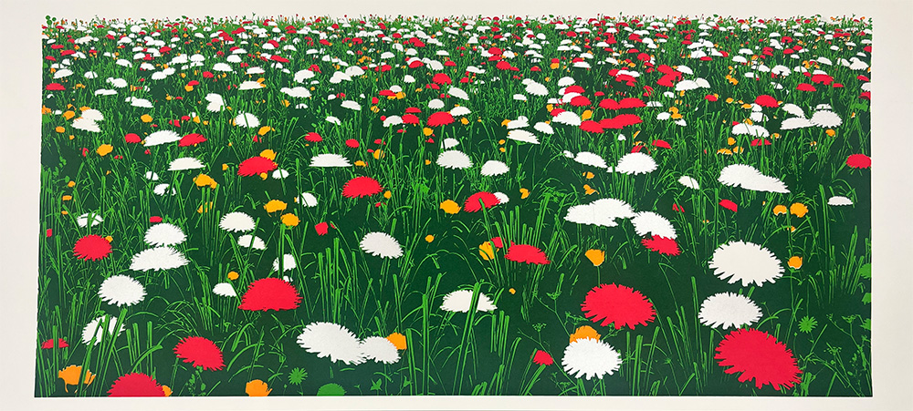Meadow - Limited Edition Screen Print: A vibrant field of grass with red, white, and yellow daisy-like flowers illuminated by natural light.