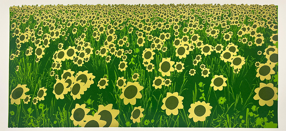 A vibrant field of yellow sunflowers and green grass stretches into the distance in the Sunflowers - Limited Edition Screen Print.