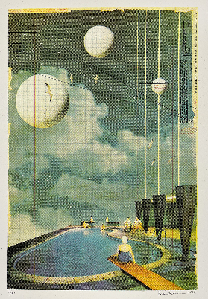 Surreal artwork of people swimming in a rooftop pool under a sky with large floating spheres, birds, and graph paper textures, blending architectural and celestial elements.