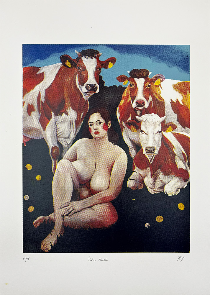 A nude person sits on the ground surrounded by three cows; the background features a dark sky with blue and gold accents.