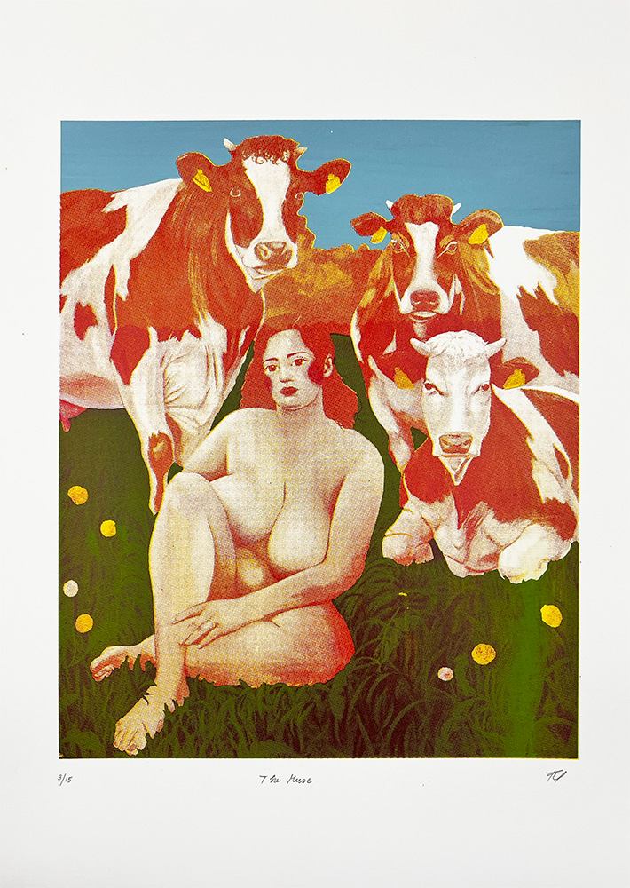 A nude person sits on grass surrounded by three cows in a pastoral setting under a blue sky.