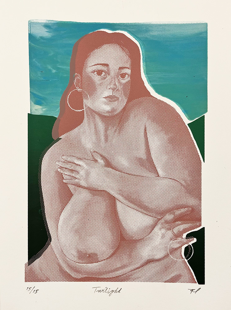 A stylized portrait of a nude woman with an arm across her chest, overlaid with a halftone pattern, set against a green and blue abstract background.