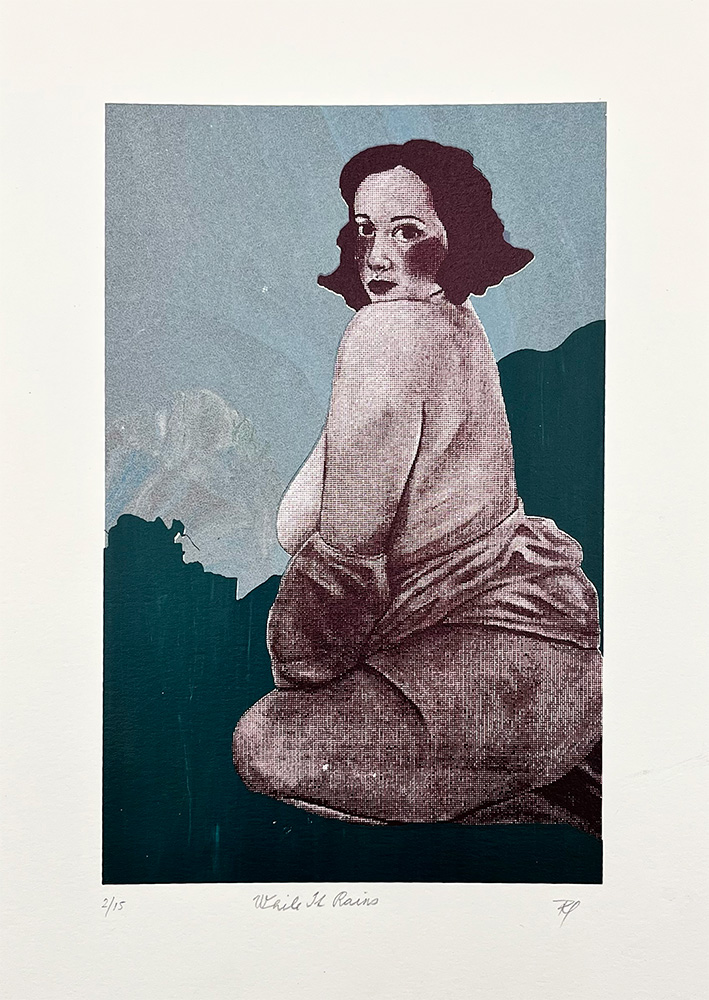 A seated woman with short dark hair looks over her shoulder, wearing a draped top and skirt, against a muted blue and green background.