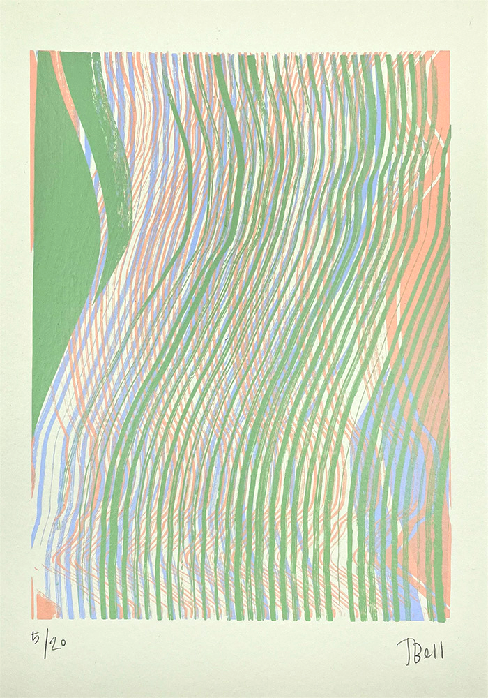 Layered Paused Green – Limited Edition Screen Print" displays abstract wavy lines in green, peach, and pale blue on a light background. Numbered 5/20 and signed JB 2011 at the lower corners.