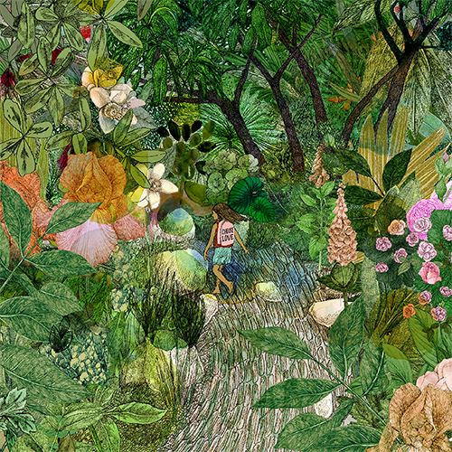 A person walks along a stone path through dense, colorful foliage and flowers, holding a sign that reads "Don't Look," embodying the spirit of charity and community at Print Club London.