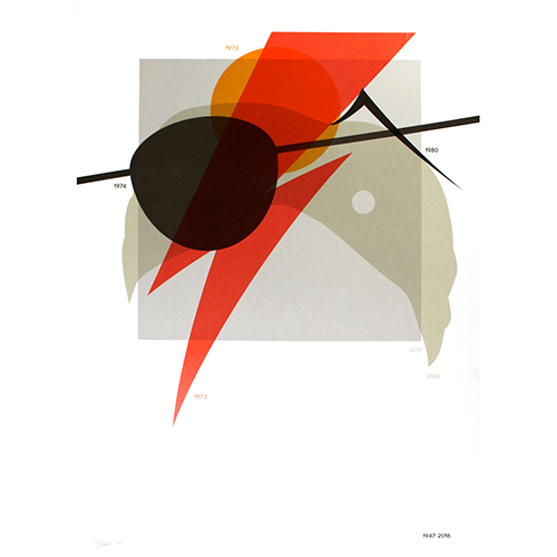 Abstract artwork featuring geometric shapes, a red lightning bolt, overlapping circles, and a black eyepatch over a stylized silhouette of a head; years are marked on the image to symbolize charity and community through time.